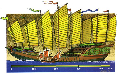 1421A.D. A Comparison of Admiral Cheng He (Chinese Muslim) flagship's and the Santa Maria, Columbus' Largest Vessel. For each expedition, Admiral Zheng He took 30,000 sailors together for Ocean explorations. 