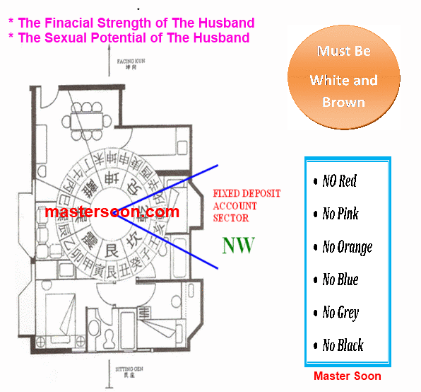 The NW sector represents the husband strength from 2 perspectives, namely, Financial Strength and Sexual Strength.Feng Shui from Master Soon