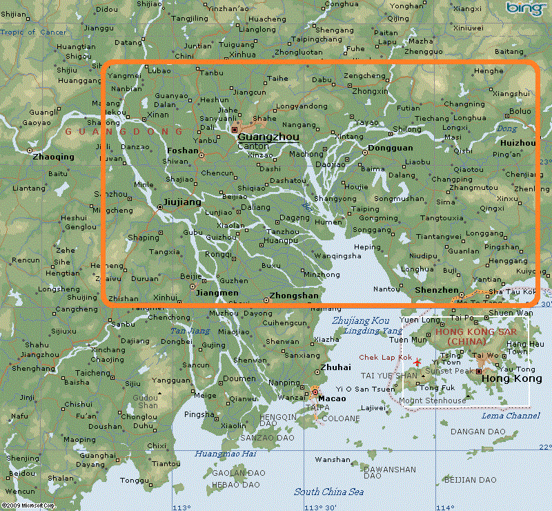 zhujiang_river_delta_mapaa There are a lot of bridges (more and more bridges are under constructions) within the box area. Hong Kong seems to be excluded. What are the feng shui implication to Guangzhou and Hong Kong? 在四方格内有许多跨河的大桥。这地区也有越来越多还在建筑中的大桥。 这对广州周边城市和香港有什么风水影响.