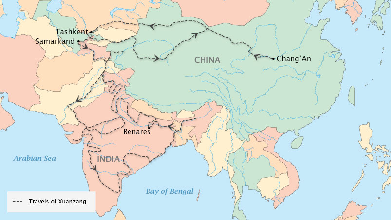Xuanzang route from China to India during Tang Dynasty (618AD-907 AD)